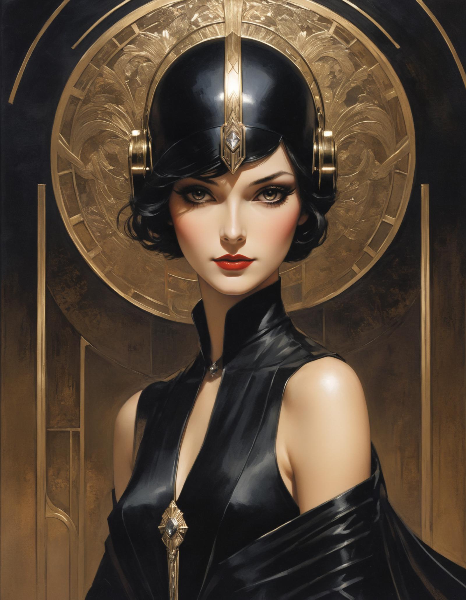 Artistic Portrait of a Woman in a Black Dress with Gold Accessories.