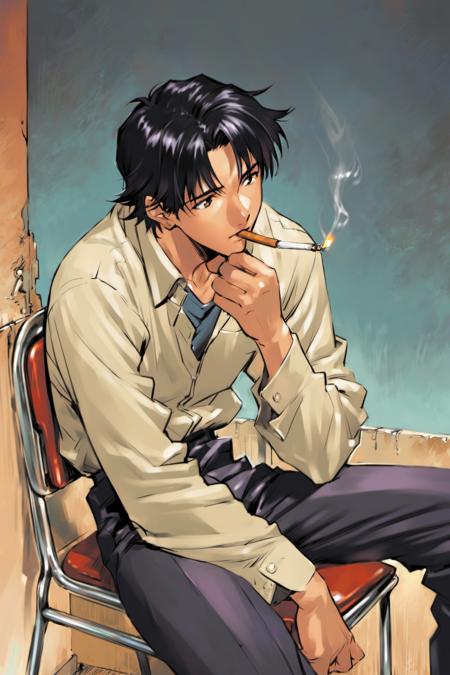 solo, 1boy, male focus, cigarette, black hair, sitting, smoking, school uniform, chair, long sleeves, holding, <lora:Sadamoto Yoshiyuki_XL_V2:0.8>