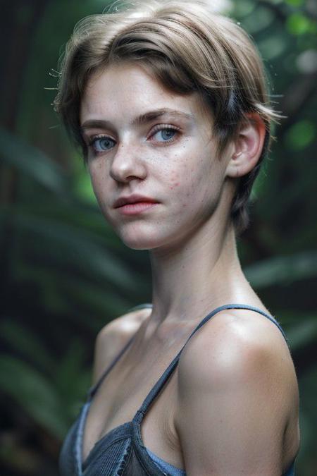 professional portrait photo of cute most ordinary girl, tranquil atmosphere, (((unperfect skin))), perfecteyes eyes,(short messy dark pixie-cut), collarbone,looking at viewer, gray|blue|gray eyes, beautiful, gorgeous, pale hair,enigmatic smile, open mouth , summer, sunlight, ultra detailed photo of a beautiful young woman, perfect detailed face,(up-turned nose), (((thin pixie-nose))), Blunt Cut Haircut, perfect sparkling eyes, well-defined round pupils, (deep darkish greenish_eyes), round iris, natural "no-makeup" makeup, manicure, hyper realistic skin, Detailed skin, mimic wrinkles, detailed background, RAW photo, subject, 8k, soft lighting, high quality, film grain, Fujifilm, 