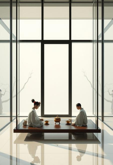 A tea ceremony taking place in a suspended, glass-walled space, where traditional rituals contrast with ultra-minimalist design,
minimalist architectural elegance, soft pastel ukiyo-e color palette, delicate elongated figures in ethereal modern structures, fluid calligraphic linework, floating geometric platforms, airy transparent walls, asymmetrical rhythmic composition, serene and poetic atmosphere