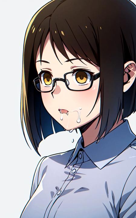 blank_eyes, expressionless,  arms_down,  yellow_eyes,  black_hair, short_hair, solo, 1girl, realistic:0.8, glasses:1.2, eyewear, open_mouth, drooling <lora:L_BlankEyes_v1:0.5>