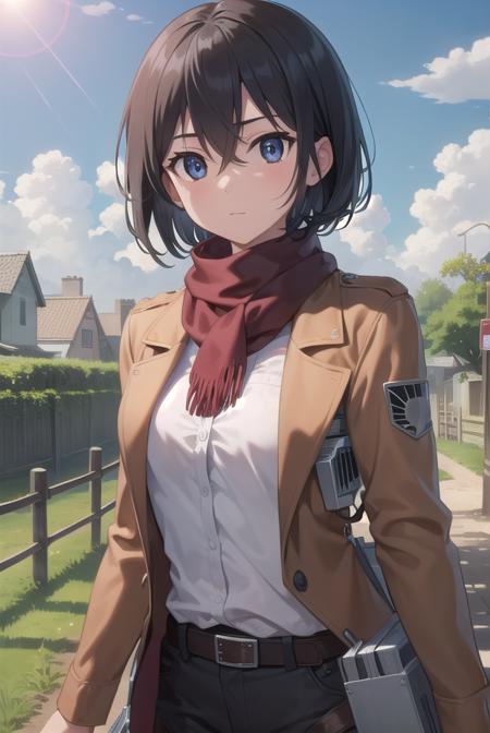 mikasaackerman, <lora:mikasa ackerman-lora-nochekaiser:1>, 
mikasa ackerman, black hair, (black eyes:1.5), hair between eyes, short hair,
BREAK belt, brown jacket, dress shirt, jacket, open clothes, open jacket, pants, paradis military uniform, red scarf, scarf, shirt, strap gap, thigh strap, three-dimensional maneuver gear, white pants, white shirt,
BREAK outdoors, village, nature, forest, grass, sun, sky, trees, clouds,
BREAK looking at viewer, (cowboy shot:1.5),
BREAK <lyco:GoodHands-beta2:1>, (masterpiece:1.2), best quality, high resolution, unity 8k wallpaper, (illustration:0.8), (beautiful detailed eyes:1.6), extremely detailed face, perfect lighting, extremely detailed CG, (perfect hands, perfect anatomy),