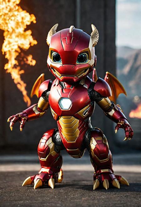 high quality cgi, closeup, cute little fire-dragon in iron man, smile, funny, standing on two legs, perfect environment, high detailed