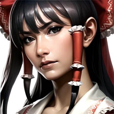 <lora:futurefight3:1>, 1girl, solo, hakurei reimu, face_focus, simple background, white background,