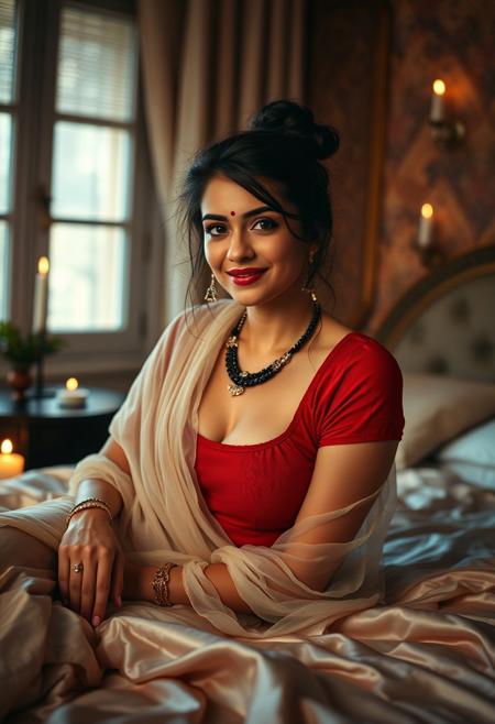 A beautiful pale bengali woman on bed, messed up makeup and clothes,
tight red blouse, sheer white saree,
messy hair, bun, sindoor, 
 diaphanous saree, wearing jewelry, lipstick, nice smile, seductive, window, light coming in, gorgeous bed with silk satin sheets, candlelight, romantic atmosphere