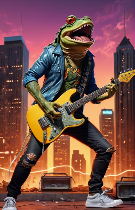 smiled rockstar screaming battletoad in sneakers take electric guitar illustration,black glasses on face,full body,((big audio monitors on back)),straight teeths,ultra details,ruined city environment,epic lights,cinematic,masterpiece,8k,detailed