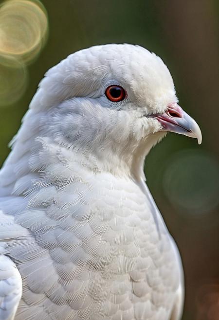 portrait, masterpiece, 4k, ray tracing, intricate details, highly detailed, hyper realistic, 8k RAW editorial photo.
an adorable white dove, head with a tilt and a slight blink. The dove is feathers should be soft and fluffy, the background should be a  forest, dramatic light, shallow depth of field, high budget,