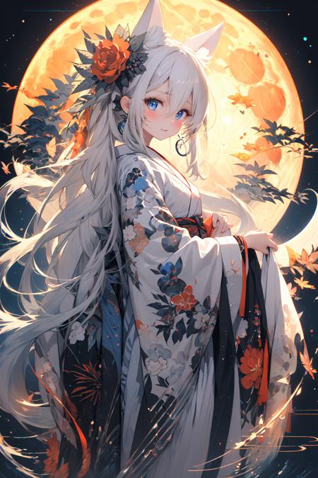 (masterpiece:1.2), best quality,PIXIV,  As the moon,
1girl, solo, long hair, moon, looking at viewer, full moon, japanese clothes, blue eyes, white hair, kimono, wide sleeves, long sleeves, animal ears, floral print, egasumi, hair ornament, bangs, hair between eyes, standing, closed mouth, jewelry, blush, earrings, white kimono, print kimono
 <lora:As the moon_20230809104912-000018:1>