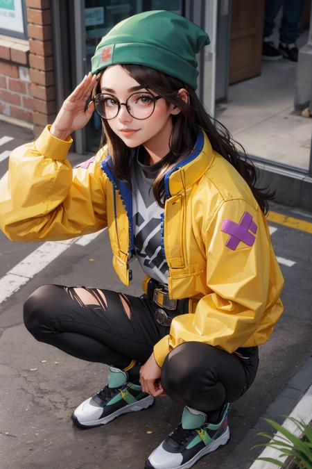 masterpiece, best quality, killjoy, green beanie, round glasses, yellow jacket, grey shirt, belt, black pants, torn pants, sneakers, standing, city, street, looking at viewer, crouching, smile, closed mouth, (from above:1.2), salute <lora:killjoy-nvwls-v1-000012:0.9>