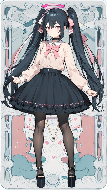 masterpiece, best quality, 1girl, solo, long_hair, looking_at_viewer, bangs, skirt, shirt, black_hair, long_sleeves, bow, ribbon, twintails, hair_bow, heart, pantyhose, frills, shoes, choker, blunt_bangs, black_skirt, pink_eyes, halo, ((pink_background)), frilled_skirt, pink_bow, fishnets,pink_shirt, fishnet_pantyhose, platform_footwear, pink_theme, pill, jirai_kei, <lora:animetarotV2-000002:0.8>