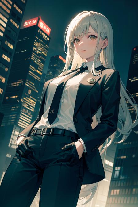 (((from below, depth of field, dutch angle, green lighting))), floating hair, 1girl, solo, formal, hand in pocket, suit, black gloves, building, looking at viewer, black necktie, fingerless gloves, white shirt, city, outdoors, black jacket, belt, black pants, collared shirt, brown eyes, standing, long sleeves, grey hair, cityscape, open jacket, cowboy shot, skyscraper, black suit, night, pant suit, very long hair