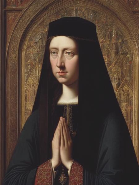 <lyco:JanVanEyck:1.0> high resolution image in the style of painter Jan Van Eyck, portrait of a sad noble woman crying with clasped hands, mourning, sad woman with long dark brown hair, medieval portrait, black funeral robes, perfect hands, castle interior background,