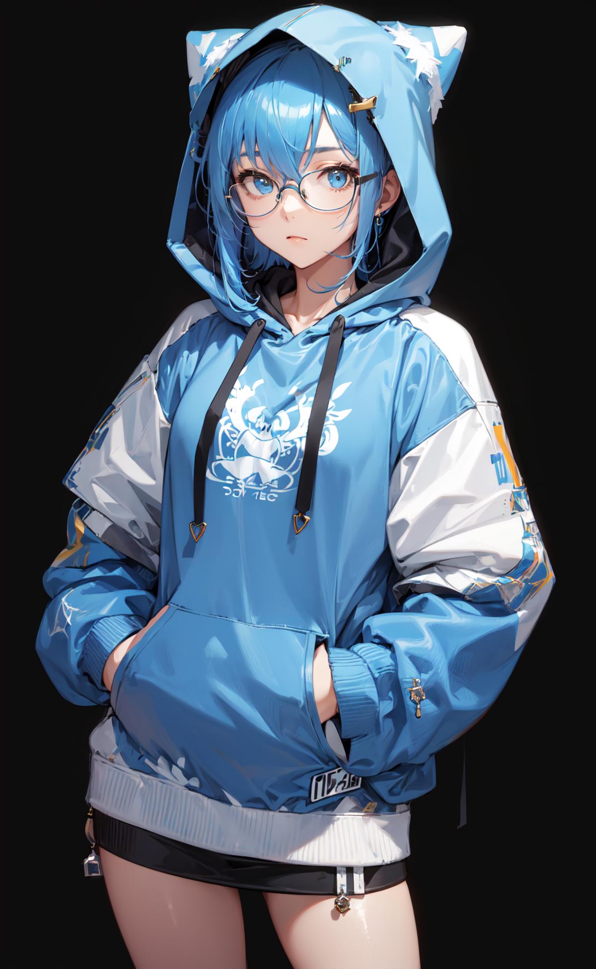 Blue Hair Anime Girl With Mike Wearing Hoodie Dress 4K 8K HD Anime