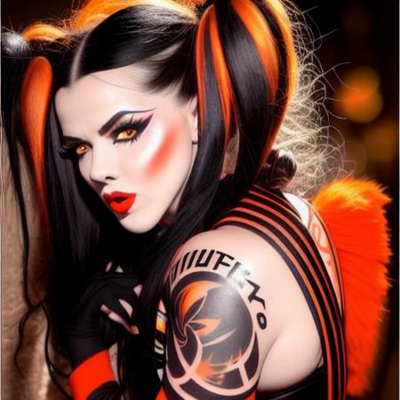 trixy_treats, ((((beautiful face)))), ((perfect face)), deliberate, masterpiece, best quality, highest quality, cinematic lighting, very beautiful, ultra realistic, tattoos, tattooed, beautiful, black dress with orange vertical stripes,