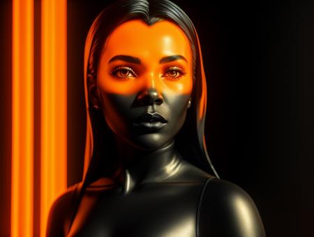 a closeup photo of a woman in a yellow dress, glowing neon vray, synthwave image, orange subsurface scattering, (deep black skin:1.3), ex machina (2014), icon for an ai app, inspired by Ruth Deckard, featured face details, bronze - skinned, eve,  <lora:abstractor_yiu_v10:0.5>