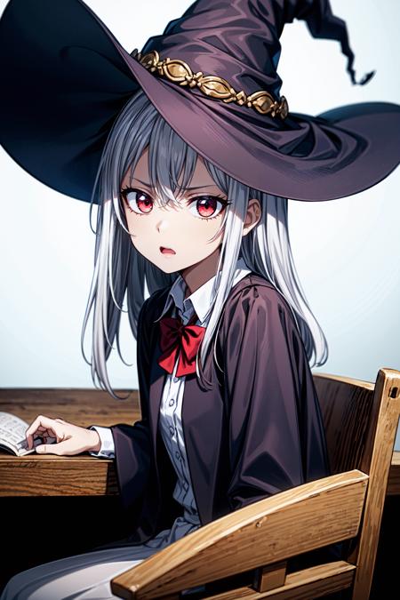 (absurdres:1.1, highres:1.1, ultra detailed:1.1), 
(masterpiece, best quality:1.1),
(insanely detailed, high resolution:1.1), 
(ultra detailed hair:1.2), (ultra detailed eyes:1.4), (shiny eyes:1.3),
(1girl, witch:1.3), solo,  
BREAK
silver hair, red eyes, long hair, 
:o, (frown:1.2), (angry:0.7), expressionless, 
(open mouth), (raised eyebrows:1.1), (sigh:1.3), 
witch hat, collared shirt, white shirt,
dress, frilled skirt,
BREAK
elbow rest, 
looking at viewer, sitting, desk, from side, 
upper body, on chair, chair, 
simple background, white background, 
(straight-on:1.1), dark night, night sky, 
BREAK 
<lora:flat2:-0.3> <lora:more_details:0.3>