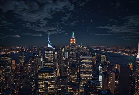 Sky liner view at Night over new York, from a luxory Office, high quality, UHD, realistic, 8K