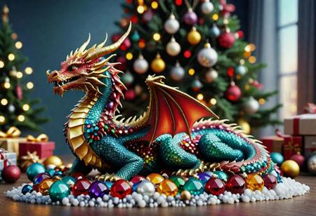 EPbblestyleSDXL dragon siting next to a pile of colorful crystal gems, under a Christmas tree, highly detailed clean, beautiful detailed intricate, 8K