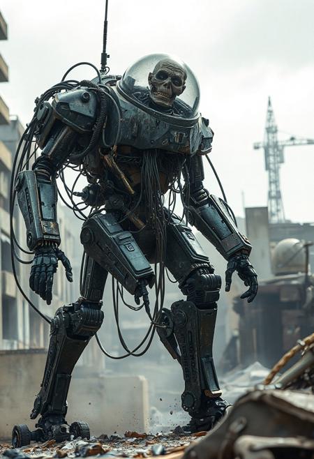 an action filled movie shot of a tall walking mecha robot with a lot of dangling cables and visible machinery in a broken urban setting. The robot has a backpack with a glass dome. Inside the dome is the withered remains of an old human. The human is used to power the robot and is connected with cables. realistic, the robot is engaged in warfare, combat, sitting in a combat position with one knee up and one hand on the ground. 4k, futuristic, fallout-inspired, Retrofuturism, atomic-punk