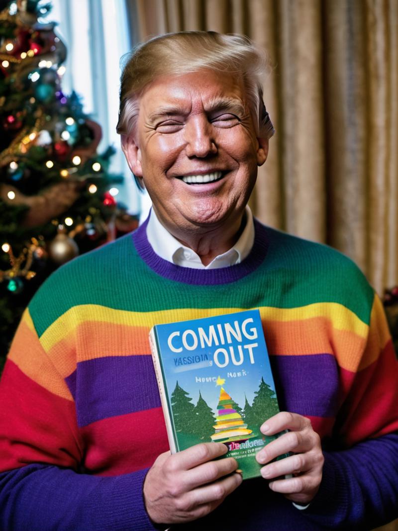 President Trump holding a book titled "Coming Out" at Christmas time.