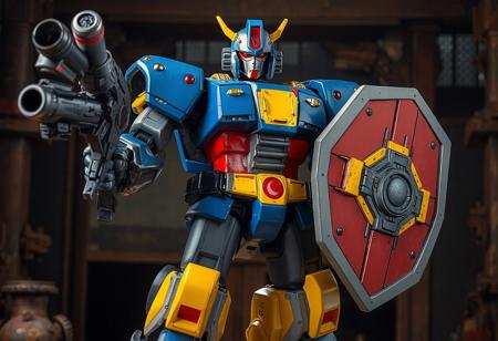 The Coach Captain Bearman robot stands proudly against an Ancient Gear Factory backdrop, exuding an aura of readiness. This blue, gray, and yellow robot, with red and gold accents, holds a large gun in its right hand and a shield in its left, symbolizing protection. The dynamic action pose, sharp lines, and vibrant colors showcase the robot's intricate details, from its super-detailed face and clothes to its handcrafted precision. This 4K image, with its captivating lighting and balanced editing, captures the robot's lifelike details and vivid emotions, making it a stunning piece of art.