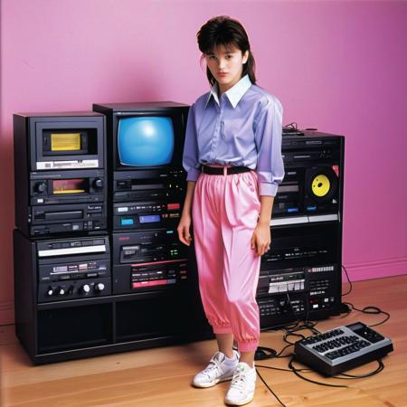 electronics, motherboard, houdstooth, formal wear, 1980s fashion, new wave aesthetics, neon colors, (((nec pc-8801))), videocassette recorder, cd player, hi-fi rack, corded phone, stereo, (((1980s (style)))), 1girl, wearing sneakers