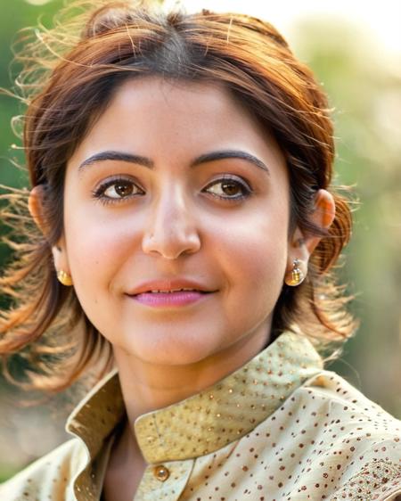 ultrarealistic soft focus photo of a 30-year-old woman, anushka sharma, outdoors, covered chest, high neck Pants_kurta, Two-shot camera angle, looking looking at camera, day time, beautiful bokeh  <lora:Anushka_Sharma_SDXL_LoRA:1>