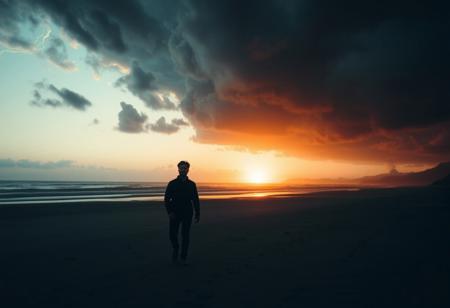 A cinematic and dark scene of a man standing on a deserted beach at sunset, with the sun dipping behind the ocean and long shadows stretching across the sand. The sky is ominous with cracks of light and swirling dark clouds, hinting at another dimension breaking through. The man looks lost, wearing a simple jacket, his silhouette outlined against the glowing horizon. The setting feels eerie, with faint hints of shadowy creatures or smoke-like tendrils emerging from the edges of the scene. The overall tone is mystical and slightly surreal.