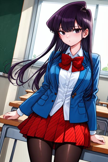 1girl, cowboy shot, classroom, looking at viewer,  standing, 
komi_shouko, black eyes, black hair, long hair, bangs, bowtie, school uniform, blue jacket, blazer, white shirt, striped, red skirt, black pantyhose, <lora:komi_shouko_lora_ver1:0.7>, best quality, masterpiece, highres, <lora:GoodHands-vanilla:1>