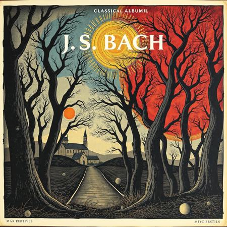 A cover of a Classical album of "J.S. BACH"  with art in the style of Max Ernst's Lithographs