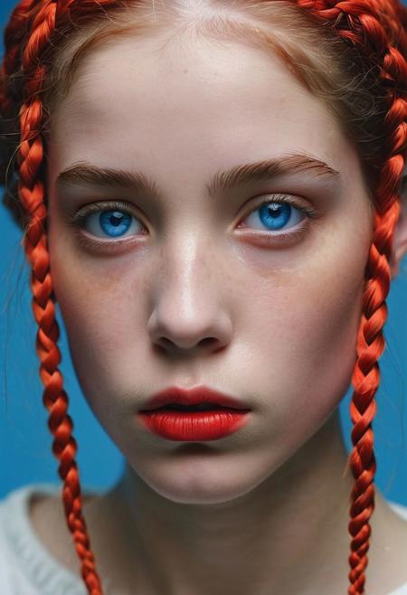 against glass,(Low-Key Portraits by Vicky Roy and Dino Pedriali:1.2), (aesthetic of symbolism with radicalized atmosphere:0.5), (Infrared Photography by Sally Soames and Pauline Kruger Hamilton:1.2), blue eyes,2 red braids,,boleum \(dgrpluna\), f/4, daring, high dynamic range, (center composition, symmetry composition:0.1), (ebony and muted colors:0.1) <lora:MJ52:0.5> <lora:- SDXL - vanta-black_contrast_V3.0:0.5>blackf/1.4, rule of thirds, iconoclastic opus magnum with unparalleled details, (electricblue and unique colors:0.1), <lora:MJ52:1.0>(masterpiece, best quality:1.4), perfect body parted lips, , detailed skin,model photoshoot,photography by (Mary Pickford:1.3), modelshoot, pose, , award winning photo macro shot of a beautiful A minimalist and modern design portraits of a beautiful woman, one eye covered in an artistic black band in bold white, blue or yellow colors, set against a stark white background. This graphic representation symbolizes beauty through visual simplicity and minimalistic elements. (Motion Blur Photography by Sarah Charlesworth and Andres Serrano:1.2), award-winning photography, aesthetic, carefully designed details, clear scene, f/22, symmetry and balance, unprecedented, selective color,  Ultra High Resolution, wallpaper, 8K,Rich texture details, hyper detailed, detailed eyes, detailed background, dramatic angle, epic composition, SimplepositiveXLv1 , (close-up portrait:1.1), solo, model photoshoot,, a stylish girl,