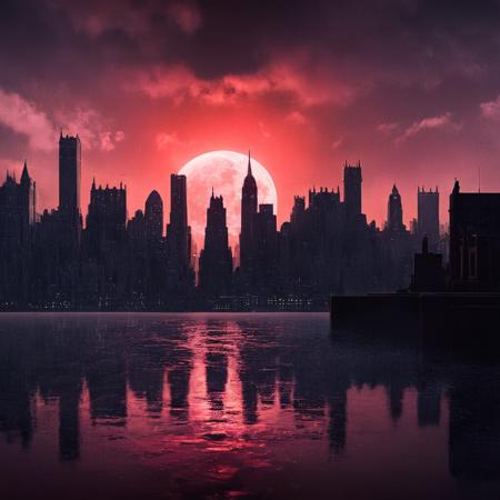 cinematic film still of  <lora:perfection style:0.6>
 <lora:gotham city style v2:0.8>
 <lora:Chiaroscuro Lighting Style:0.6>
In Gotham City a painting of a city with a full moon and red sky,outdoors,sky,cloud,water,no humans,night,moon,cloudy sky,building,scenery,full moon,reflection,city,silhouette,tower,red moon,fog,red sky , detailed, real, different, unique, cinematic, dramatic, concept art, filmic, detailed background, detailed settings, artstation, gothic New York, gotham city style, shallow depth of field, vignette, highly detailed, high budget, bokeh, cinemascope, moody, epic, gorgeous, film grain, grainy