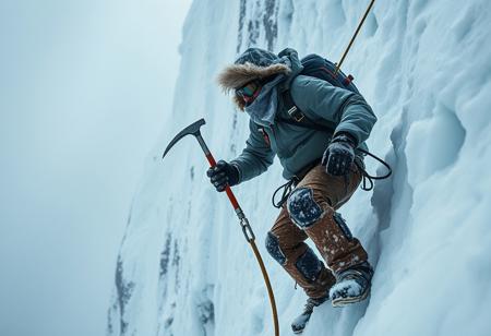 Masterpiece, best quality, high quality, newest, highres, 8K, HDR, absurdres, cinematic lighting, dramatic shadows, extreme weather, frozen landscape, harsh environment, survival theme. a lone climber battles against a brutal snowstorm, ascending a sheer, ice covered escarpment. The wind howls, whipping freezing air against his frostbitten face, his breath coming in sharp, visible exhales. Ice and snow cling to his thick, insulated jacket, the fabric stiff from the relentless cold. His gloves, reinforced for extreme conditions, grip an ice axe, its steel blade buried deep into the frozen wall, while crampons dig into the brittle surface, each movement a calculated fight against gravity. the world around him is a white abyss, the raging blizzard reducing visibility to mere meters. Snow and ice blast his goggles, forcing him to wipe them constantly to keep sight of the nearly invisible route ahead. His harness is secured with carabiners, a lifeline that sways violently in the storm. A second axe dangles from his belt, alongside essential climbing gear, each item vital for survival in this frozen hell. the peak is obscured by swirling snow, an unforgiving summit that demands everything from those who dare challenge it. His muscles ache, his fingers numb, but stopping means death. Gritting his teeth, he drives his axe into the ice once more, pushing through exhaustion and fear. There is no way down only forward.