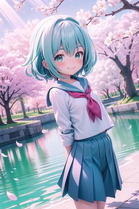 outdoors, cherry blossoms, sunlight, lake, dappled sunlight, light particles, light rays, 1girl, petite, blush, smile, medium hair, white hair, aqua eyes, sailor uniform, dutch angle