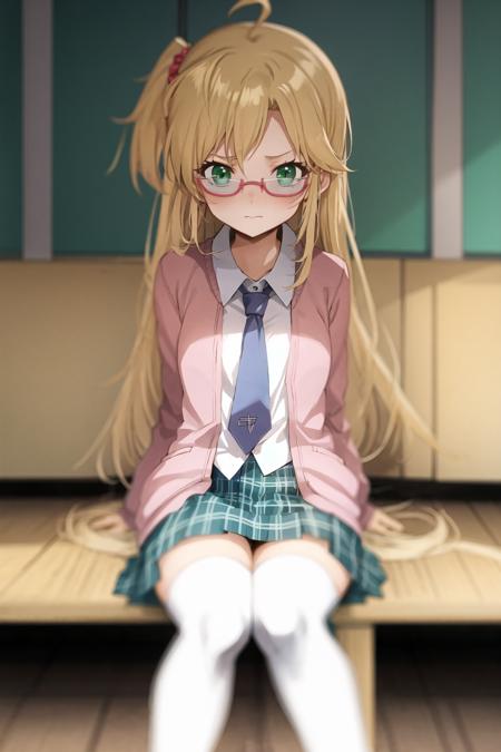 rebeccahawkins, green eyes, blonde hair, long hair, ahoge, bangs, glasses, school uniform, necktie, pink jacket, plaid skirt, skirt, short skirt, zettai ryouiki, embarrassed, sitting, forest <lora:rebeccahawkins-000005:1>