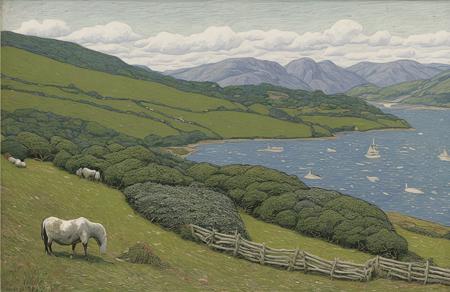 style of Henry Moret, hedgerow,stand ,ranch ,coppice , Fjord ,