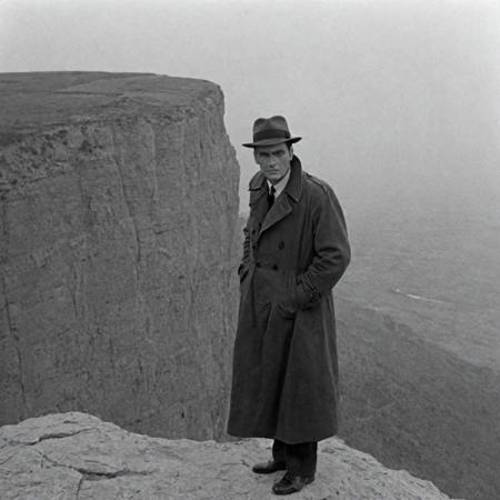 1950s detective film, mysterious man in a trenchcoat standing at the edge of a cliff after murdering a man whos corpse lies next to him. Captured on a 35mm camera, black and white, classic film noir film.