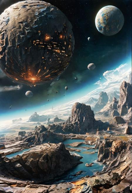 space fortress orbiting an asteroid belt
