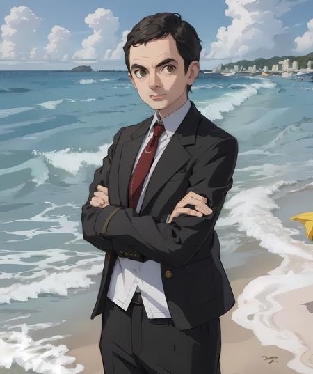 mrbean, crossed arms, beach <lora:Mr_Bean:0.75>