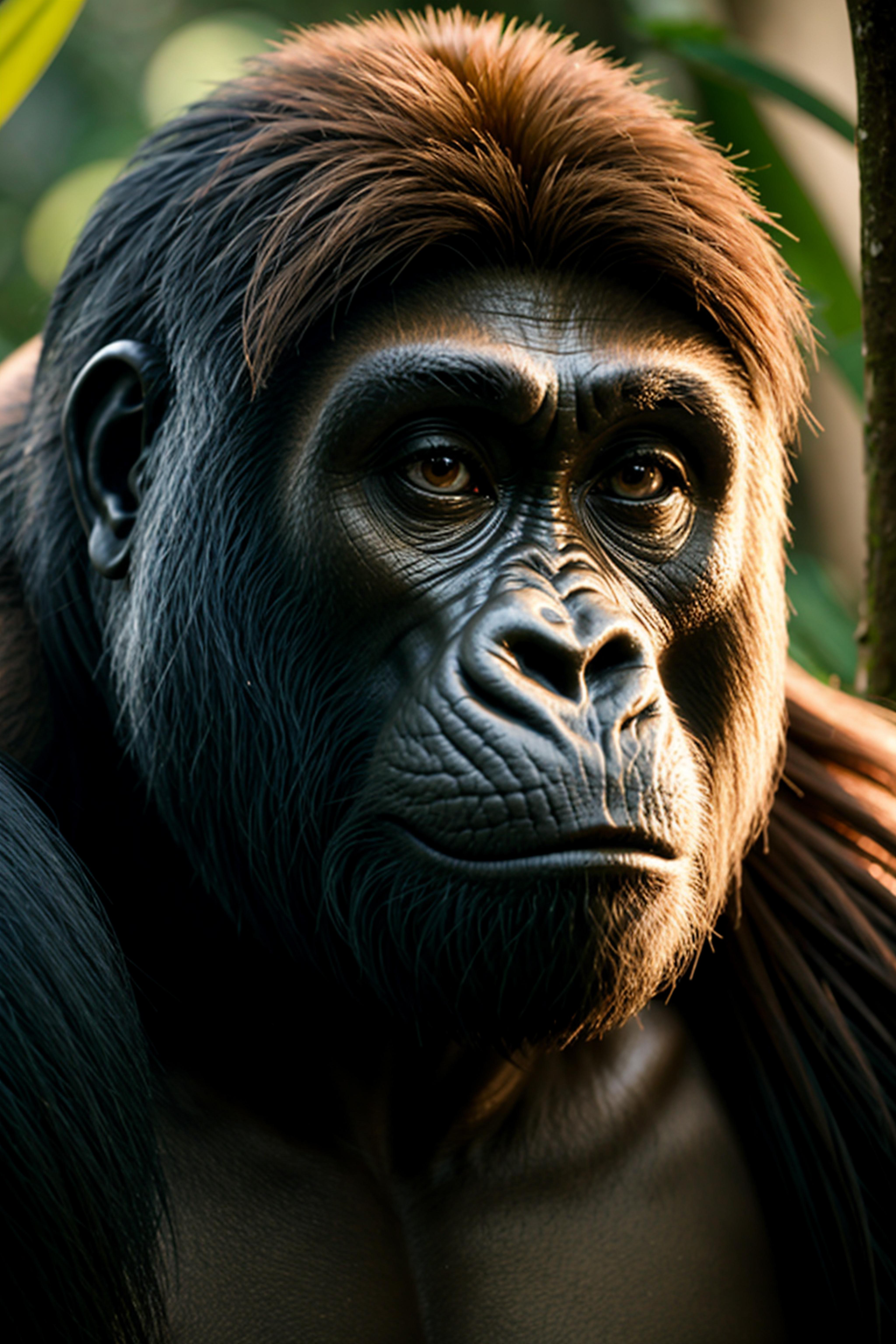 A close-up of a gorilla's face with big eyes and a fuzzy beard.