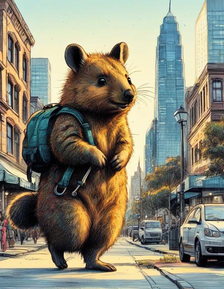 an adorable quokka taking a walk in a big city