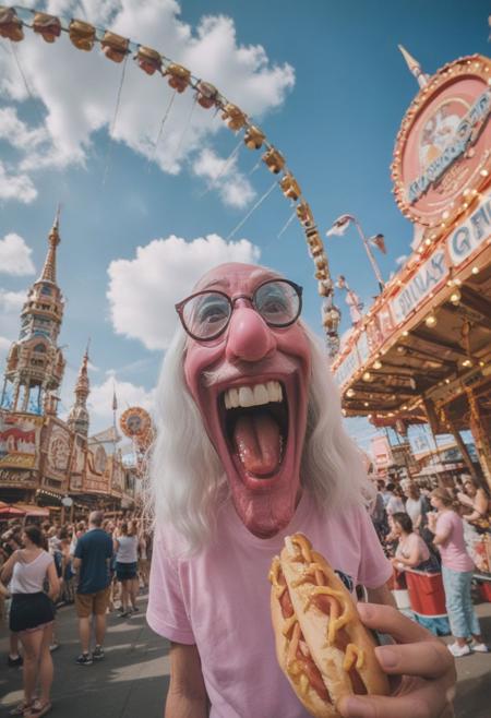((Perfect (fisheye-lens)/ (fisheye-distortion) photograph, (shot from very low with a slightly angled upward)) : (([upstage] In the distance, high above the scene), (the 33% opacity overlay) of the (vaporous, ghastly, mistlike form of looming death looking down with a menacing smile)), (([centerstage] (100% opacity) summer amusement park, with) , (a variety of rides and carnival games)), ([downstage] people buying tickets at kiosks, eating hotdogs or cotton candy).