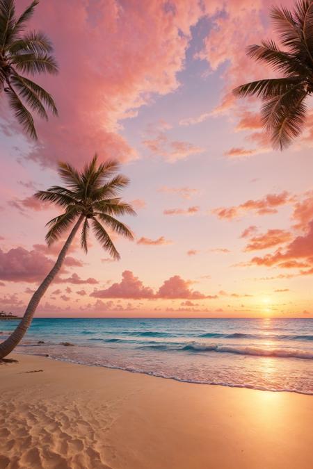 (masterpiece), (best quality), hyper-realistic, cinematic lighting, a tropical beach with crystal clear water, golden sand, gentle ocean waves, palm trees swaying in the wind, sunrise casting warm golden light over the horizon, clear sky with scattered pink clouds, extremely detailed textures, real-world colors