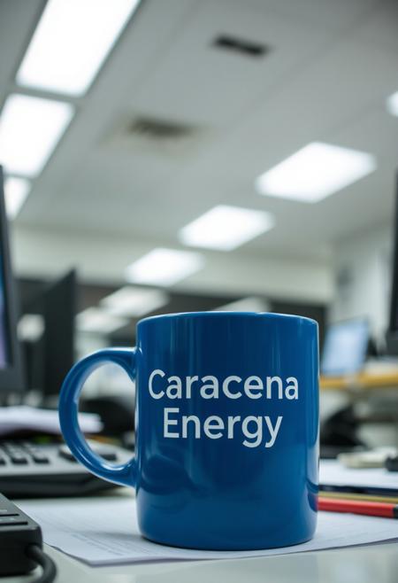 photograph of a blue coffee mug with the words Caracena Energy printed on it, This mug is sitting on a messy desk in a typical office setting, bland flat florescent lighting from above, awful lighting