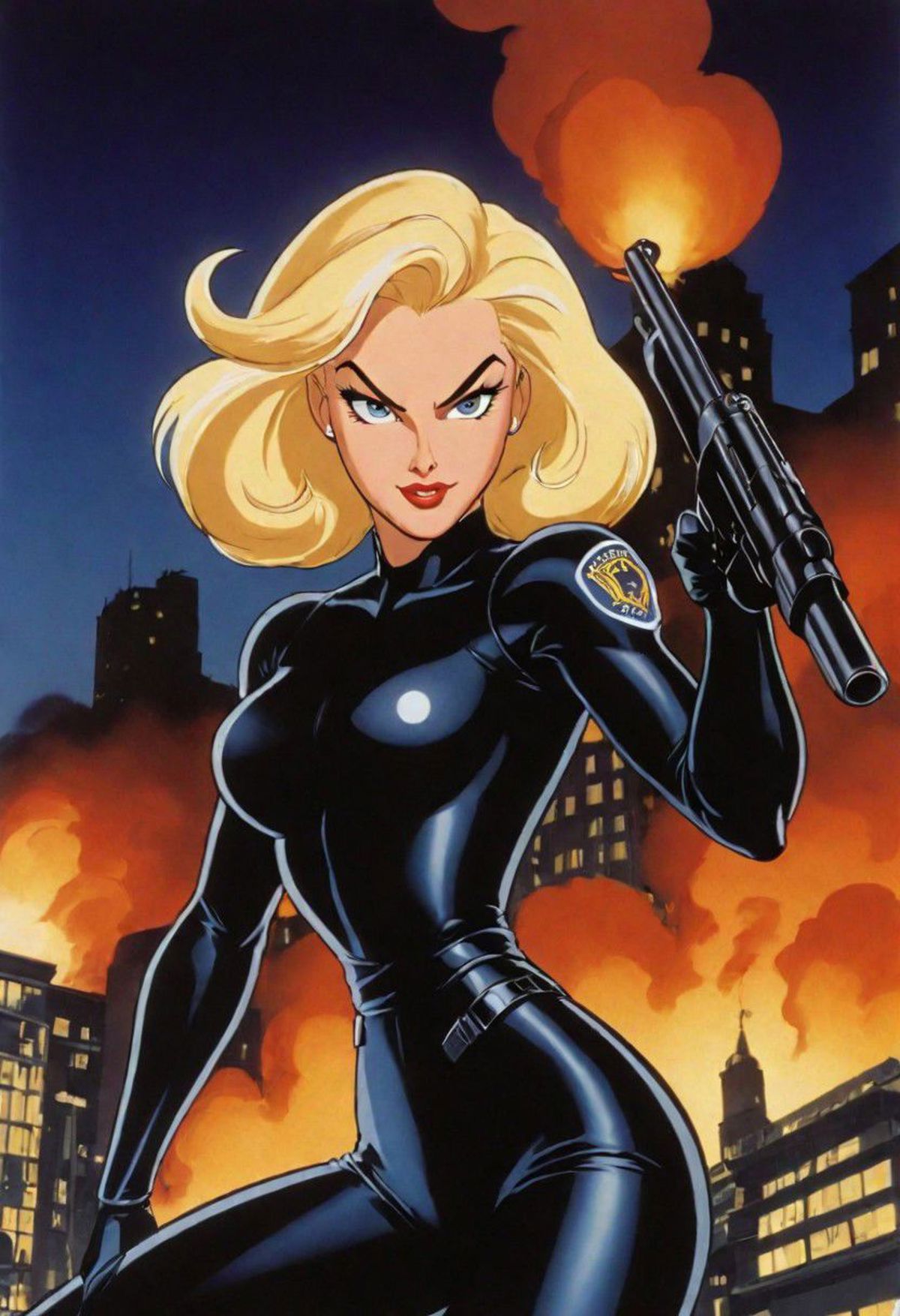A comic book style drawing of a woman in a black suit holding a gun.