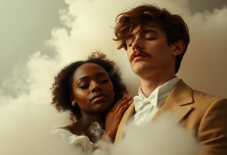 a serene, dark-skinned woman with an Afro, wearing a flowing white gown, gently places her hand on the shoulder of a pale-skinned man with a messy, brown-haired, mustachioed face, donning a 1920s-style suit, his eyes closed in rapture. The woman's face is calm, her dark brown eyes filled with a deep understanding, as the man's expression is one of quiet awe. Soft, feathery clouds  envelop the pair, their forms dissolving into the dreamy atmosphere. Cinematography is warm, with a low-contrast, film-grain aesthetic, as if shot on 35mm film with a subtle sepia tone. Softbox lights with a warm color temperature (2700K-3000K) positioned at a 45-degree angle to the characters' faces create a gentle, ethereal glow, while a faint, blue-ish ambient light (5000K-6500K) permeates the scene, evoking a sense of wonder and enchantment, all within a shallow depth of field, blurring the fantastical background.