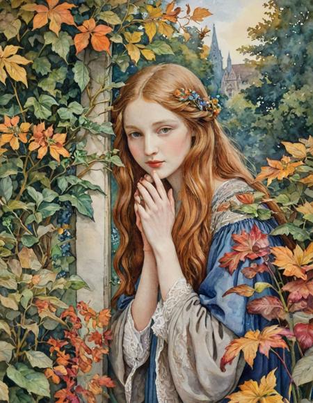 Hiding behind the autumn flowers in a secret garden,watercolor painting in the style of Eleanor Fortescue-Brickdale