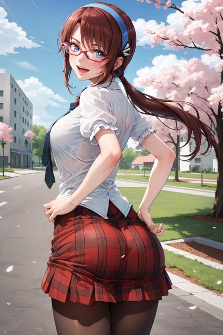 MikinamiPlug, 1girl, solo, long hair, brown hair, hairband, glasses, twintails, blue eyes, smile, medium breasts, red-framed eyewear, skirt, school uniform, necktie, plaid, plaid skirt, looking at viewer, open mouth, cowboy shot, pantyhose, thighhighs, zettai ryouiki, outdoors, day, clouds, cherry blossom trees, school, campus, buildings, frills, looking back, from behind, ass focus, buttocks, big ass, hands in hips, 
 <lora:MikinamiPlug:0.8>