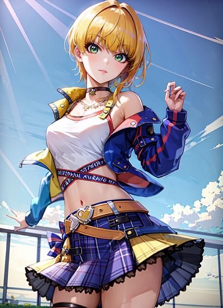 masterpiece, best quality, ultra-detailed, illustration, 1girl, solo, looking at viewer,  <lora:funkydancing-outfit-v12h:1>, funkydancing outfit, black choker, bare shoulders, cropped jacket, open jacket, long sleeves, crop top, midriff, collarbone, necklace, miniskirt, frilled skirt, plaid, belt, thigh strap, cowboy shot, <lora:miyamoto_frederica_v1:0.8>, miyamoto frederica , blonde hair, outdoors