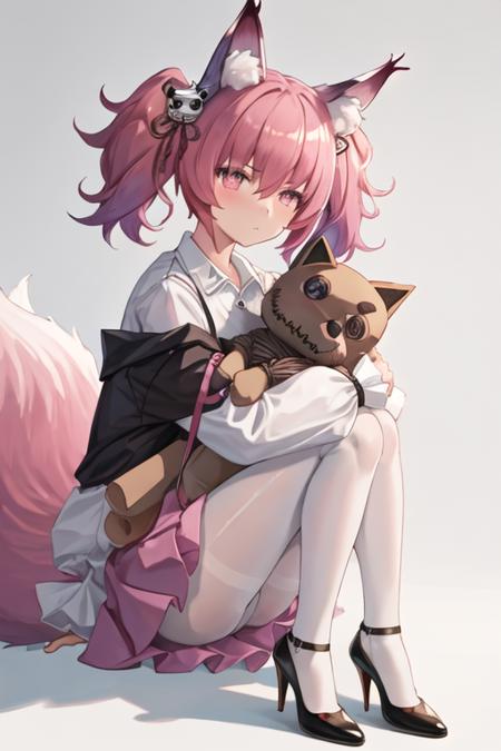 best quality, masterpiece, highres, solo, {shamare_arknights:1.15}, animal_ears, animal_ear_fluff, fox_ears, twintails, bangs, pink_hair, hair_between_eyes, hair_ornament, pink_eyes, closed_mouth, fox_girl, tail, symbol-shaped_pupils, fox_tail, upper_body, stuffed_toy, 1girl, long_sleeves, looking_at_viewer, pantyhose, shirt, sitting, stuffed_animal, white_pantyhose, white_shirt, black_footwear, holding, skirt, high_heels, holding_stuffed_toy, id_card